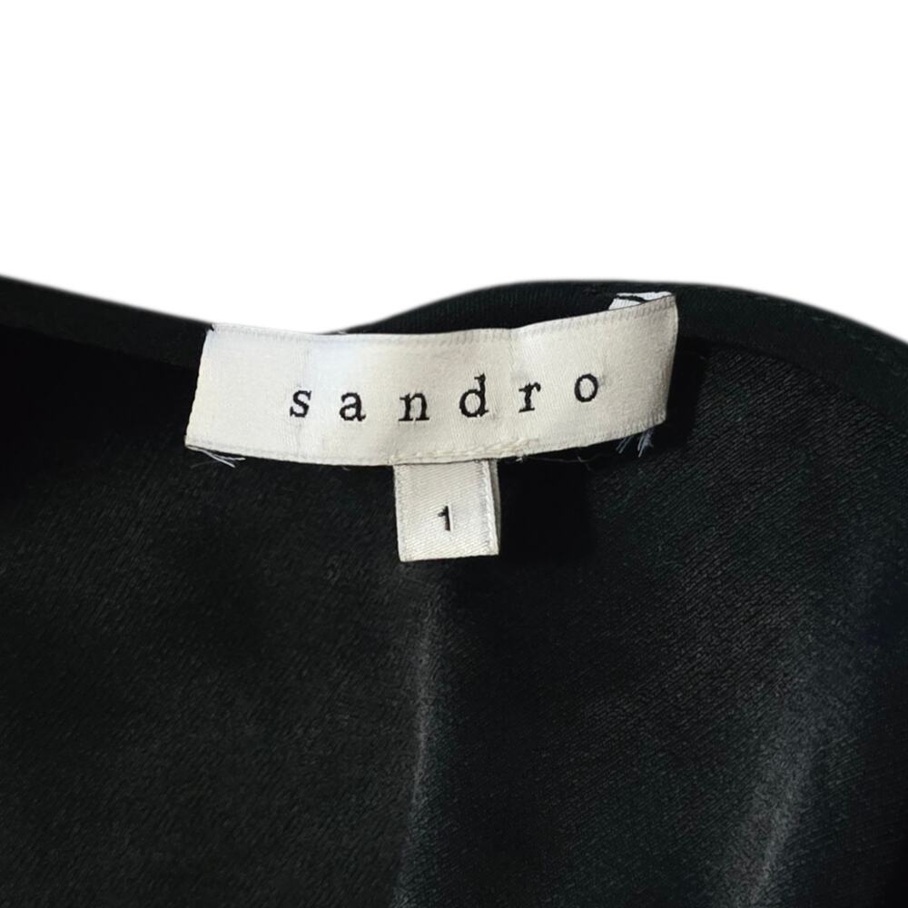 Sandro Paris Black V-Neck Satin Panel Dress 3/4 Sleeve Tunic‎ Shift Dress sz 1 - Picture 3 of 8